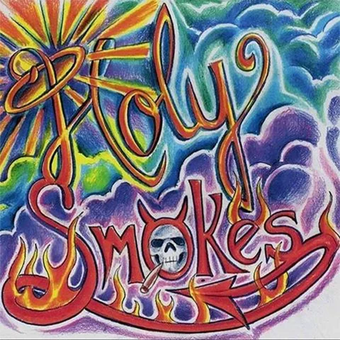 Holy Smokes logo — hand-drawn script over a skull in the clouds
